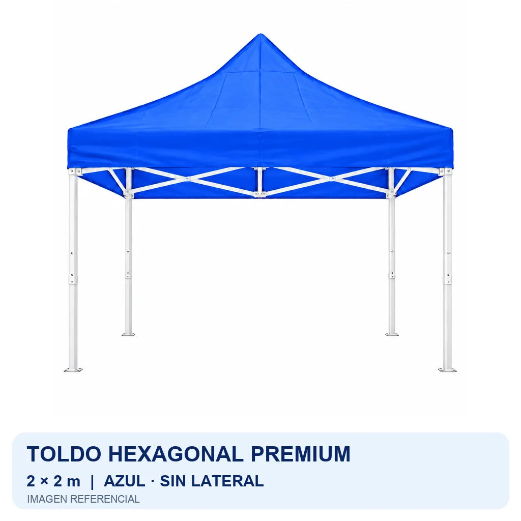 Toldo plegable hexagonal premium 2x2 m azul, fondo blanco