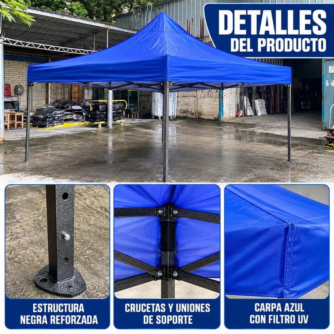 Detalles del toldo 3x3: estructura negra reforzada, crucetas de soporte y carpa azul con filtro UV