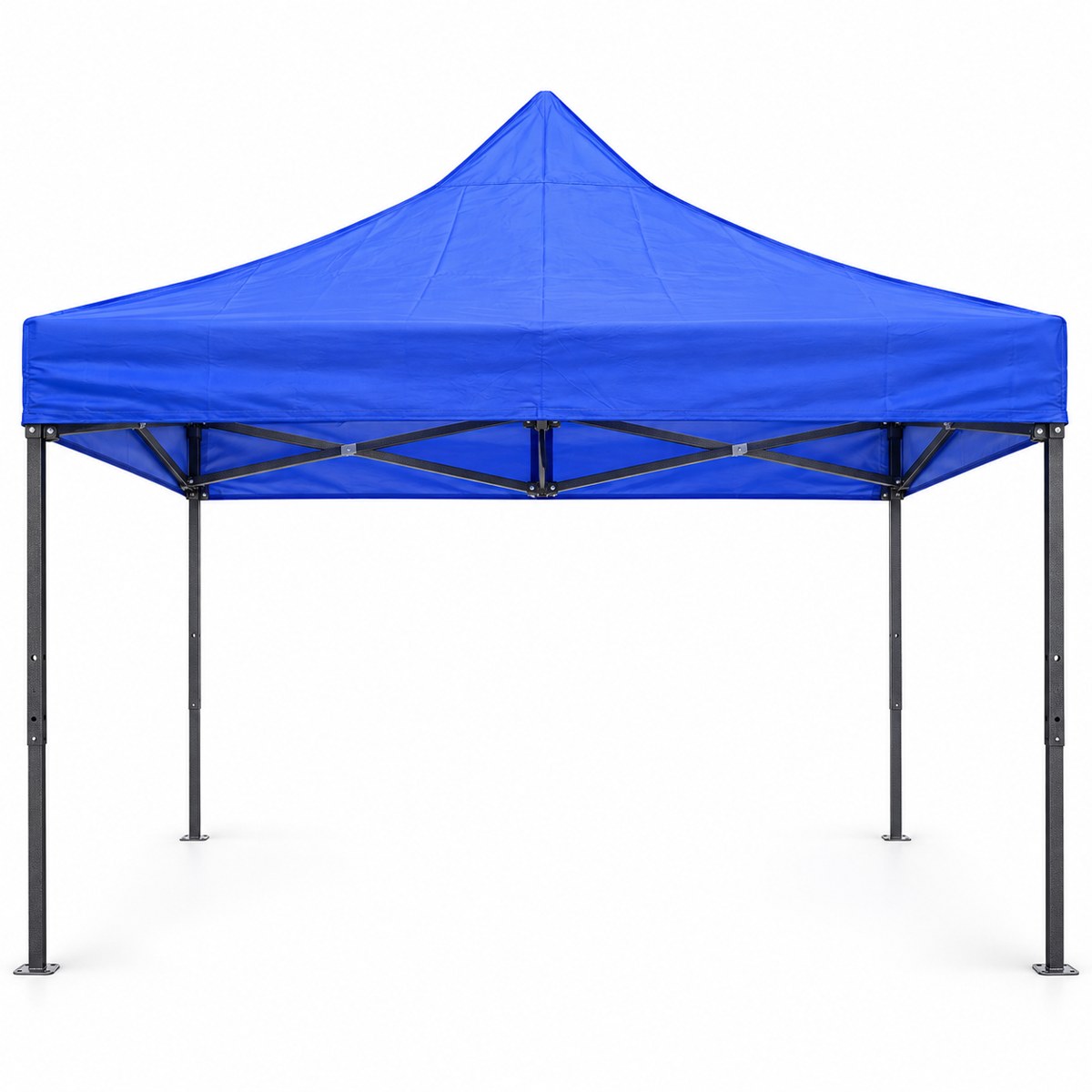 Toldo plegable 3x3 azul con estructura negra reforzada sobre fondo blanco