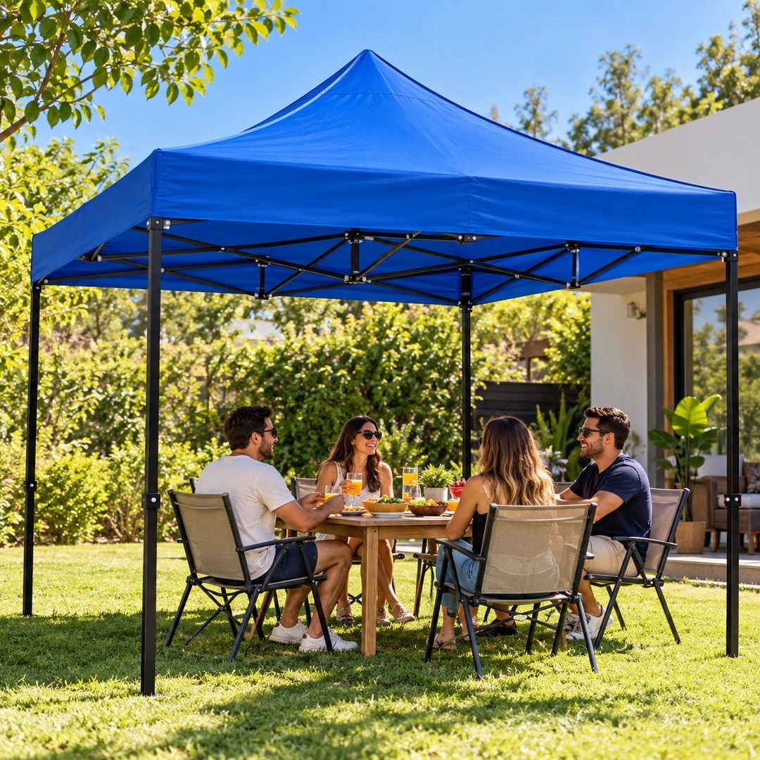 Personas compartiendo bajo un toldo plegable 3x3 azul en un patio