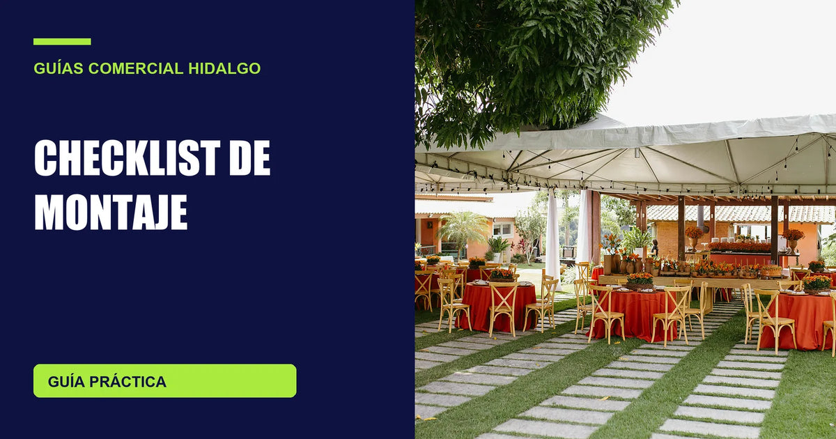 Montaje de evento al aire libre con cubierta y mesas; fotografía de contexto
