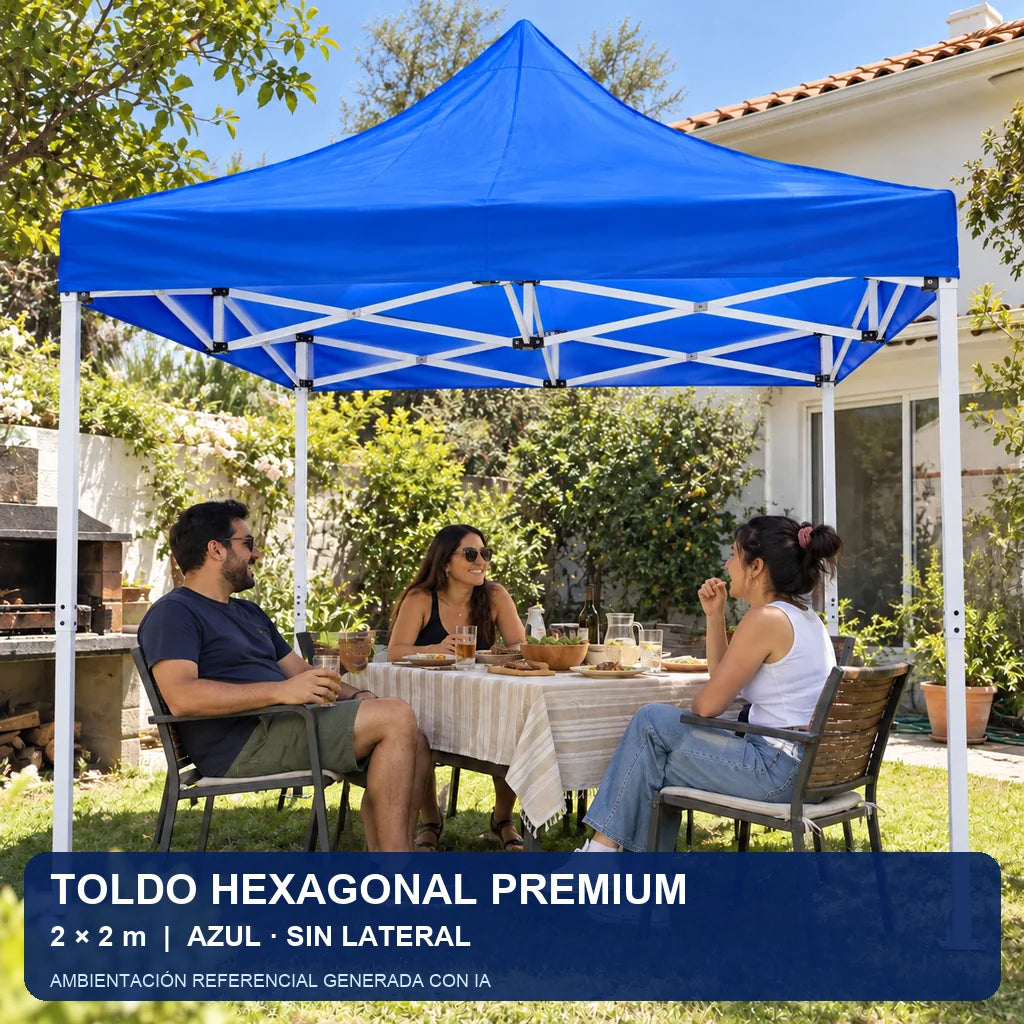Toldo plegable hexagonal premium 2x2 m azul, uso en evento