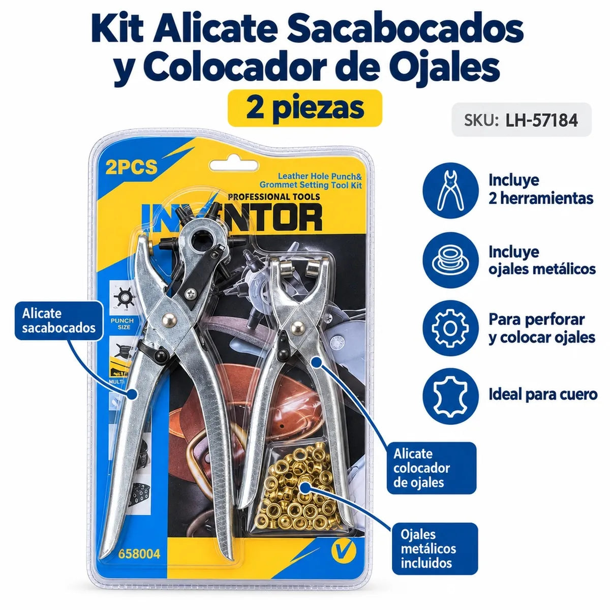Contenido del kit: alicate sacabocados, colocador de ojales y ojales metálicos